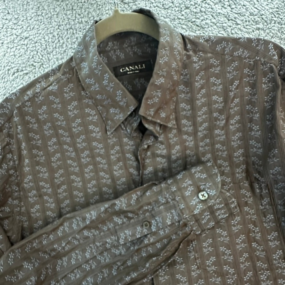 Canali Mens Medium Brown Floral Stripe Button Down Shirt Long Sleeve Italian EUC